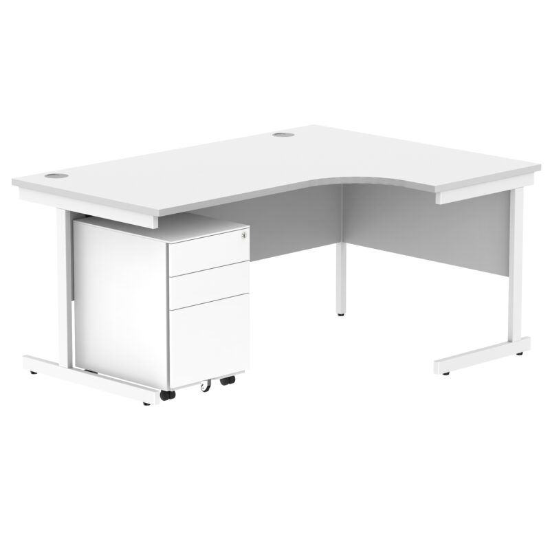 CORE Single Upright Right Hand Radial Desk + Under Desk Steel Pedestal 3 Drawers | 1600 X 1200 | Arctic White/White