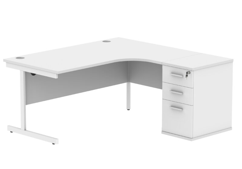 Single Upright Right Hand Radial Desk + Desk High Pedestal | 600mm Deep Pedestal | 1600 X 1200 | Arctic White/White