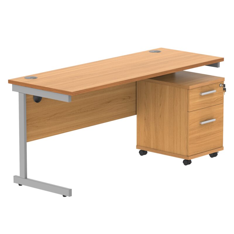 Single Upright Rectangular Desk + 2 Drawer Mobile Under Desk Pedestal | 1600 X 600 | Norwegian Beech/Silver