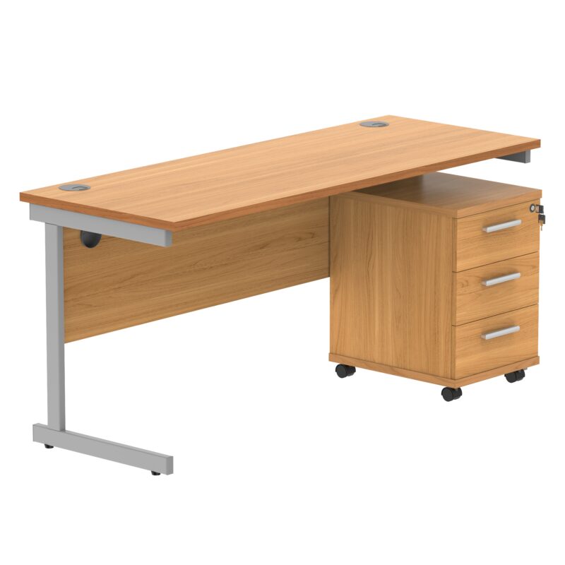 Single Upright Rectangular Desk + 3 Drawer Mobile Under Desk Pedestal | 1600 X 600 | Norwegian Beech/Silver