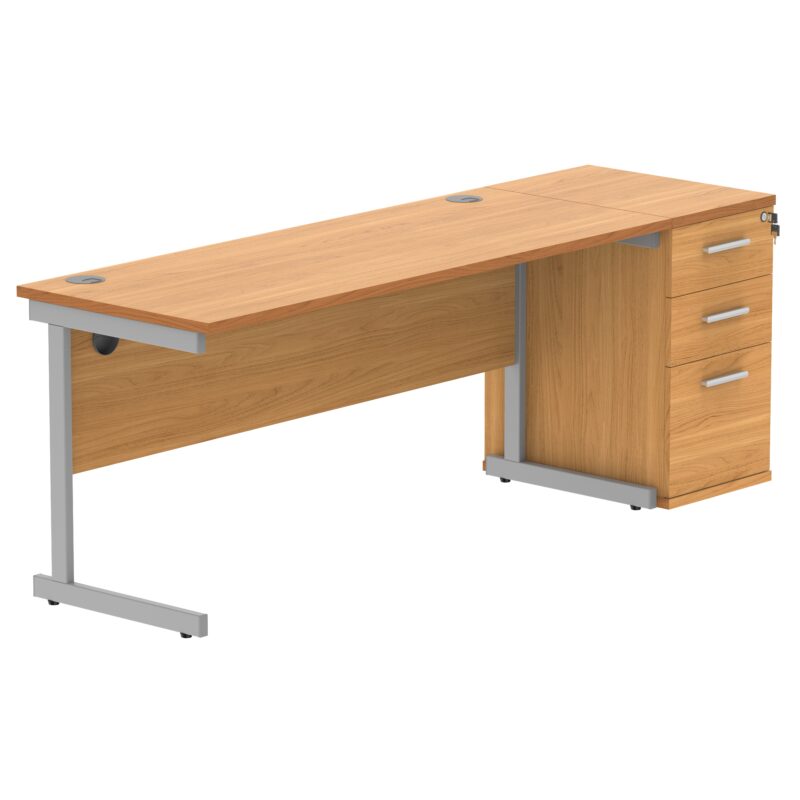 Single Upright Rectangular Desk + Desk High Pedestal | 1600 X 600 | Norwegian Beech/Silver