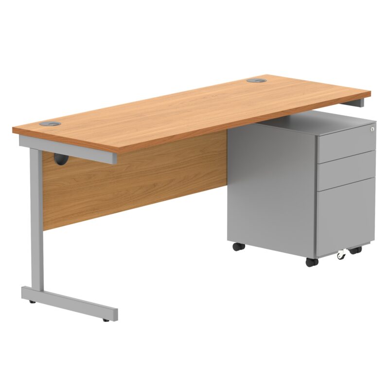 CORE Single Upright Rectangular Desk + Under Desk Steel Pedestal 3 Drawers | 1600 X 600 | Norwegian Beech/Silver