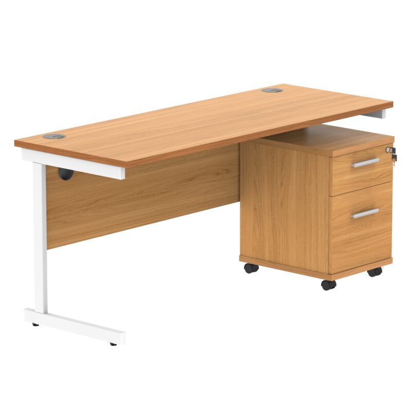 Single Upright Rectangular Desk + 2 Drawer Mobile Under Desk Pedestal | 1600 X 600 | Norwegian Beech/White