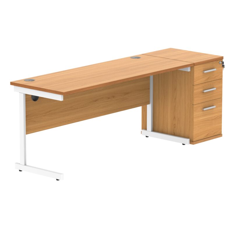 Single Upright Rectangular Desk + Desk High Pedestal | 1600 X 600 | Norwegian Beech/White