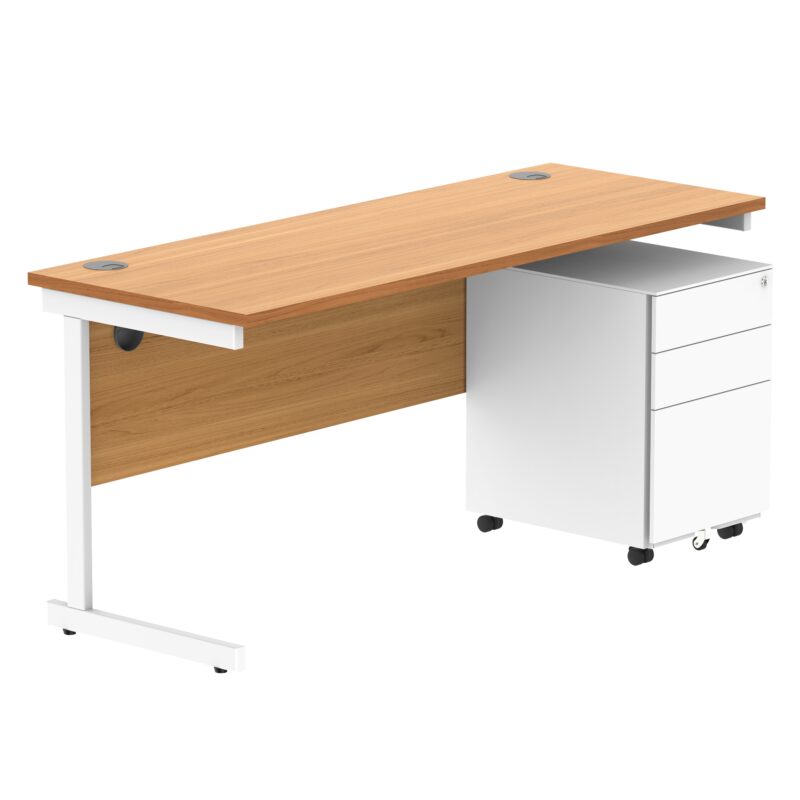 CORE Single Upright Rectangular Desk + Under Desk Steel Pedestal 3 Drawers | 1600 X 600 | Norwegian Beech/White