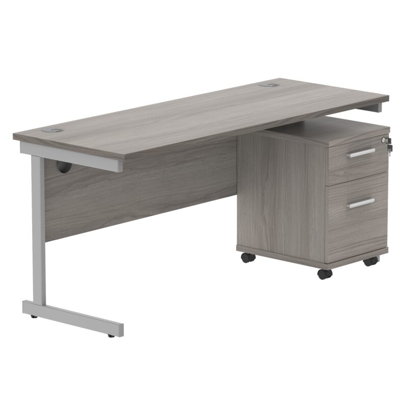 Single Upright Rectangular Desk + 2 Drawer Mobile Under Desk Pedestal | 1600 X 600 | Alaskan Grey Oak/Silver