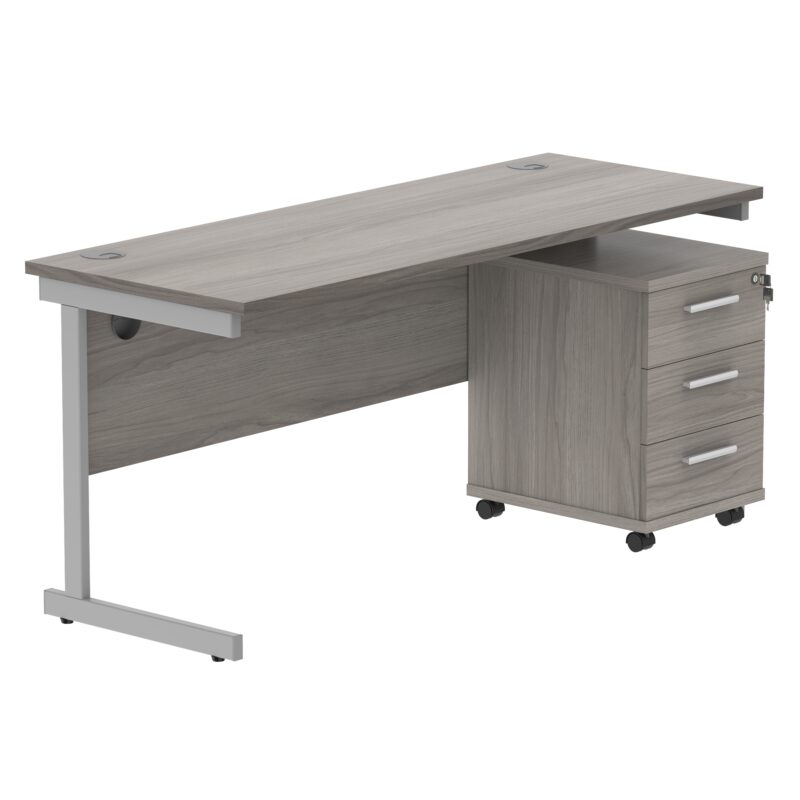 Single Upright Rectangular Desk + 3 Drawer Mobile Under Desk Pedestal | 1600 X 600 | Alaskan Grey Oak/Silver