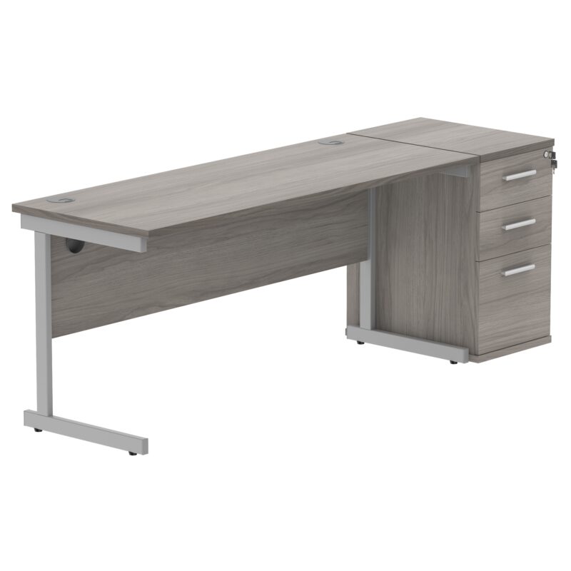 Single Upright Rectangular Desk + Desk High Pedestal | 1600 X 600 | Alaskan Grey Oak/Silver