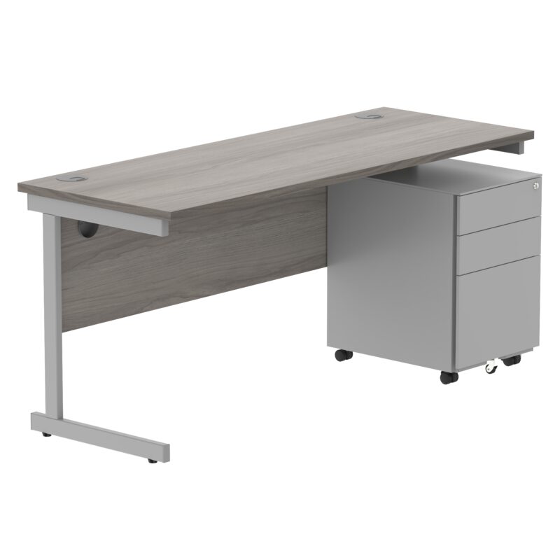 CORE Single Upright Rectangular Desk + Under Desk Steel Pedestal 3 Drawers | 1600 X 600 | Alaskan Grey Oak/Silver