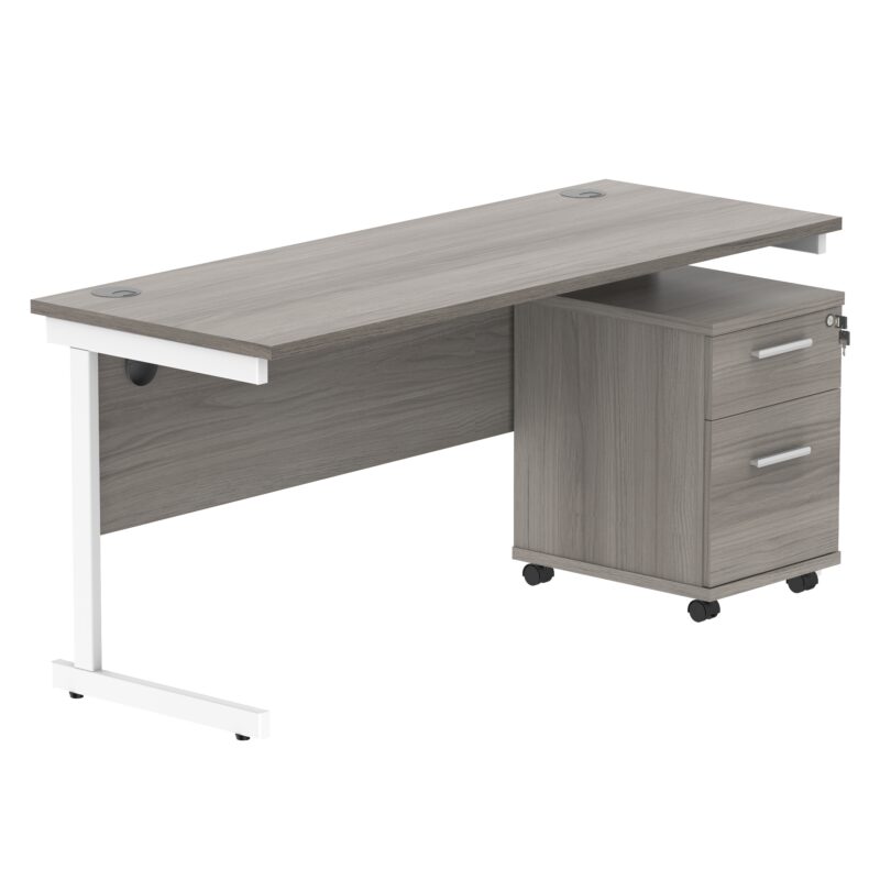 Single Upright Rectangular Desk + 2 Drawer Mobile Under Desk Pedestal | 1600 X 600 | Alaskan Grey Oak/White