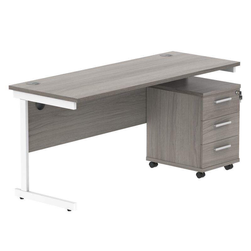 Single Upright Rectangular Desk + 3 Drawer Mobile Under Desk Pedestal | 1600 X 600 | Alaskan Grey Oak/White