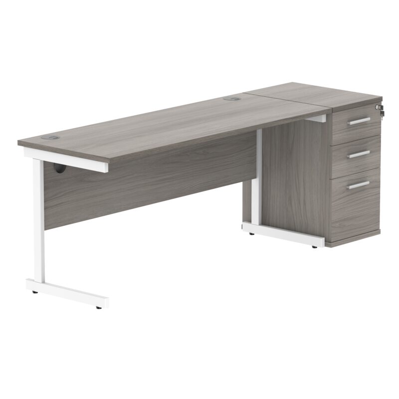 Single Upright Rectangular Desk + Desk High Pedestal | 1600 X 600 | Alaskan Grey Oak/White