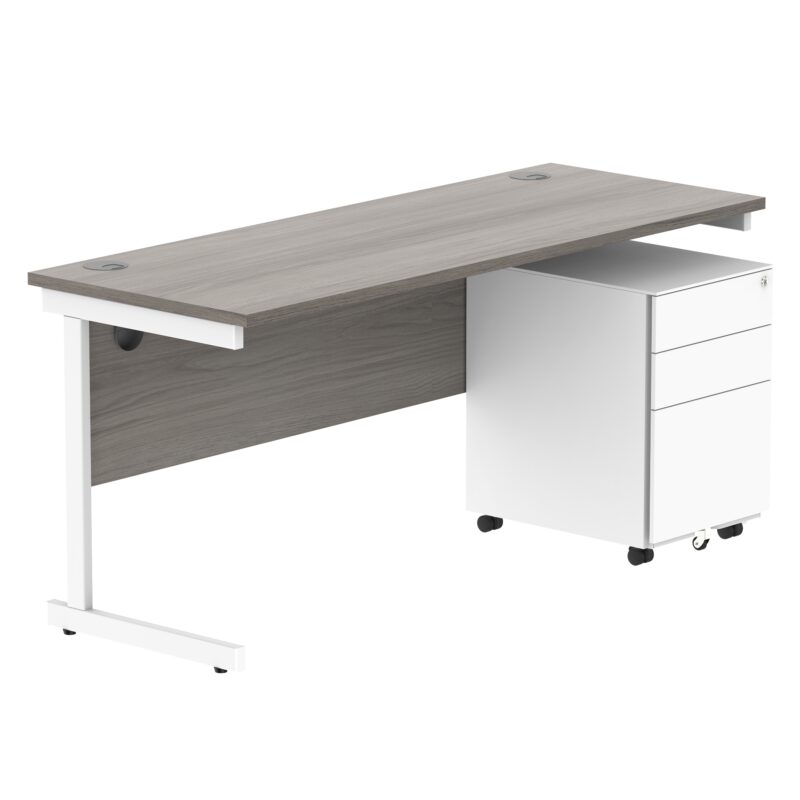 CORE Single Upright Rectangular Desk + Under Desk Steel Pedestal 3 Drawers | 1600 X 600 | Alaskan Grey Oak/White