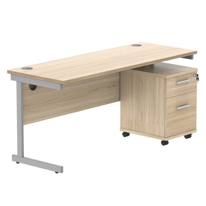 Single Upright Rectangular Desk + 2 Drawer Mobile Under Desk Pedestal | 1600 X 600 | Canadian Oak/Silver