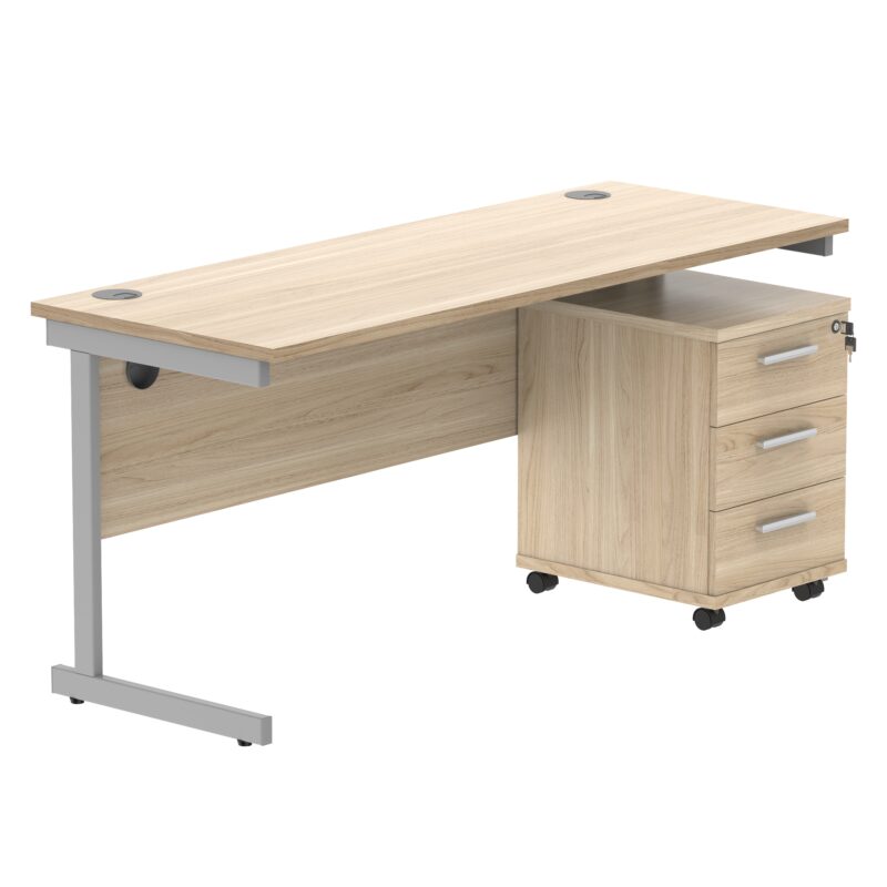 Single Upright Rectangular Desk + 3 Drawer Mobile Under Desk Pedestal | 1600 X 600 | Canadian Oak/Silver