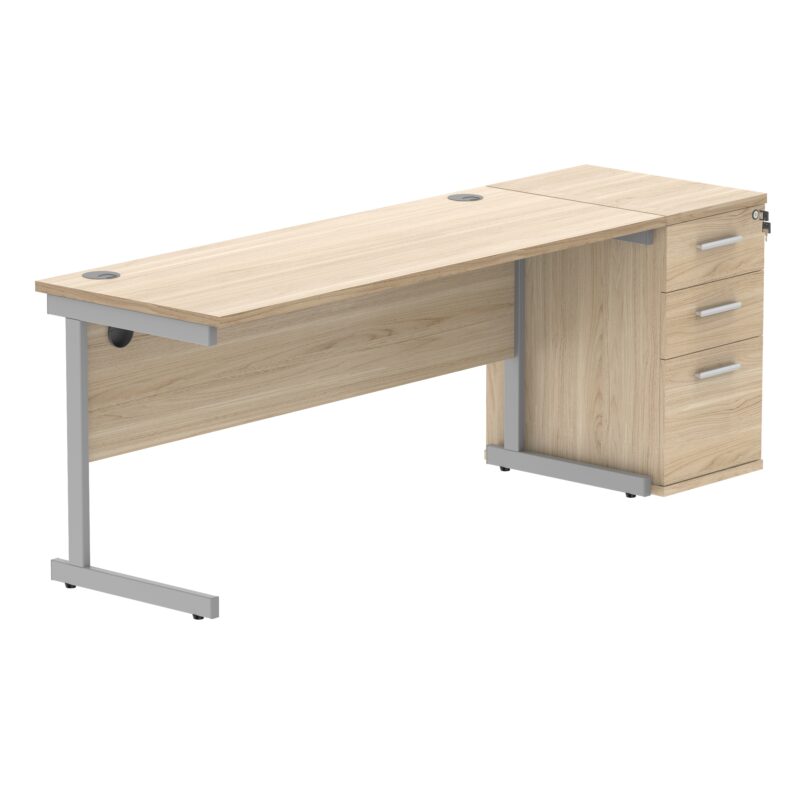 Single Upright Rectangular Desk + Desk High Pedestal | 1600 X 600 | Canadian Oak/Silver