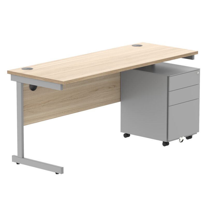 CORE Single Upright Rectangular Desk + Under Desk Steel Pedestal 3 Drawers | 1600 X 600 | Canadian Oak/Silver