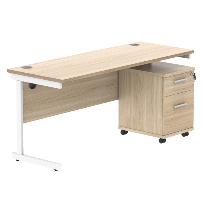 Single Upright Rectangular Desk + 2 Drawer Mobile Under Desk Pedestal | 1600 X 600 | Canadian Oak/White