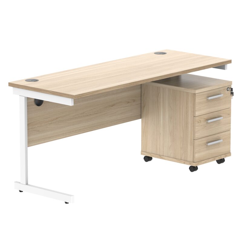 Single Upright Rectangular Desk + 3 Drawer Mobile Under Desk Pedestal | 1600 X 600 | Canadian Oak/White