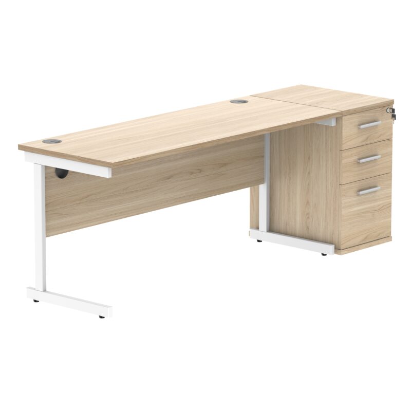 Single Upright Rectangular Desk + Desk High Pedestal | 1600 X 600 | Canadian Oak/White