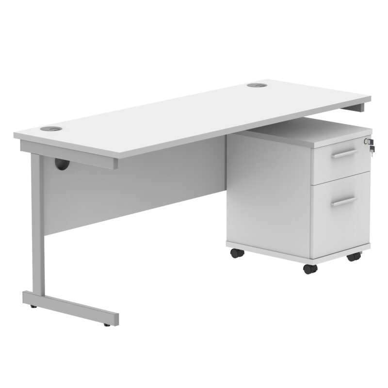 Single Upright Rectangular Desk + 2 Drawer Mobile Under Desk Pedestal | 1600 X 600 | Arctic White/Silver