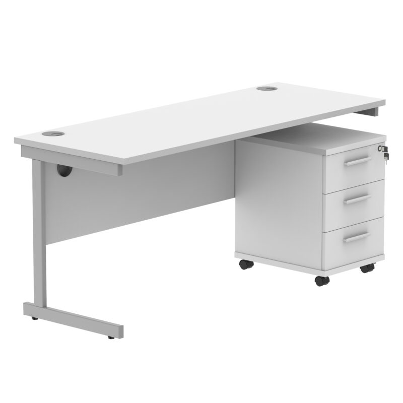 Single Upright Rectangular Desk + 3 Drawer Mobile Under Desk Pedestal | 1600 X 600 | Arctic White/Silver