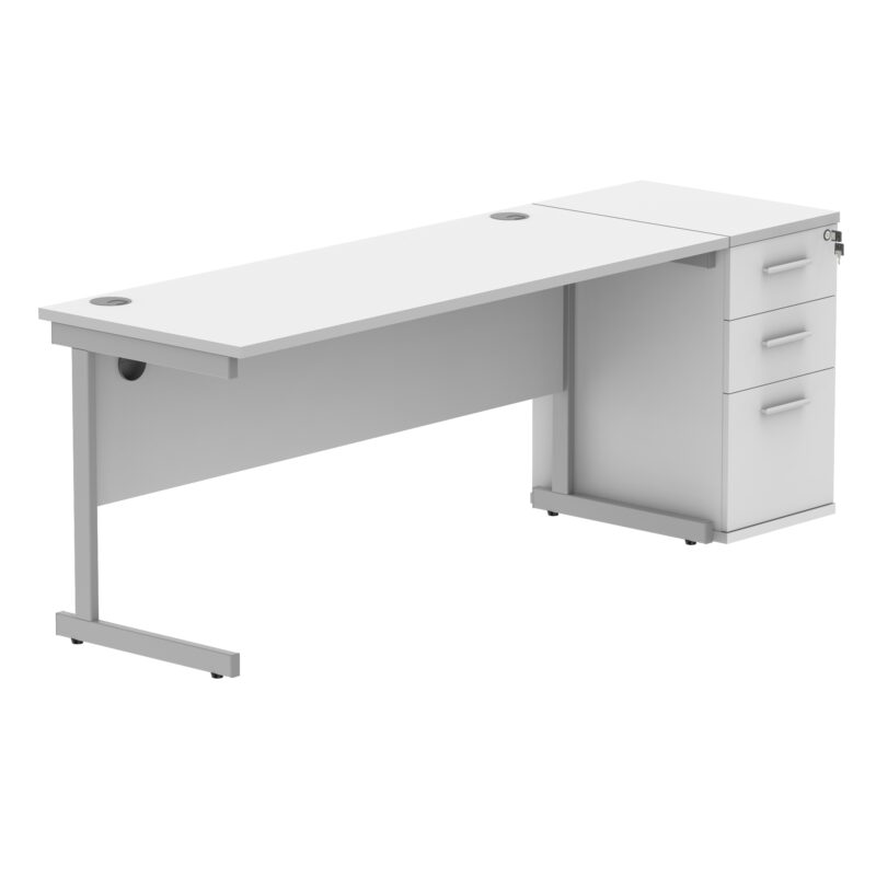 Single Upright Rectangular Desk + Desk High Pedestal | 1600 X 600 | Arctic White/Silver