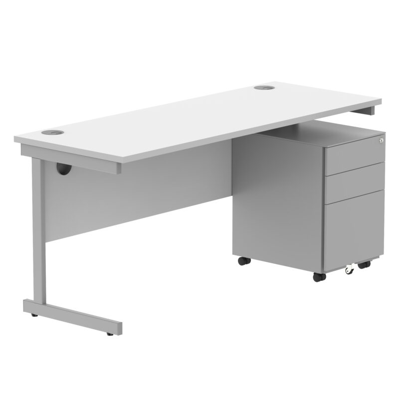 CORE Single Upright Rectangular Desk + Under Desk Steel Pedestal 3 Drawers | 1600 X 600 | Arctic White/Silver