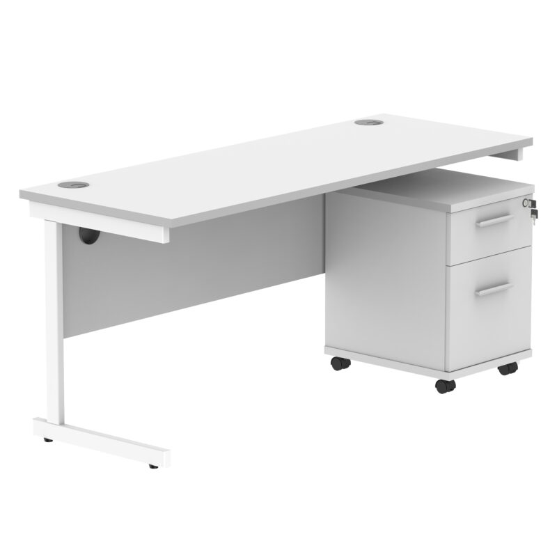 Single Upright Rectangular Desk + 2 Drawer Mobile Under Desk Pedestal | 1600 X 600 | Arctic White/White