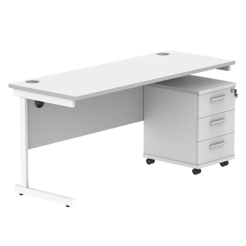 Single Upright Rectangular Desk + 3 Drawer Mobile Under Desk Pedestal | 1600 X 600 | Arctic White/White