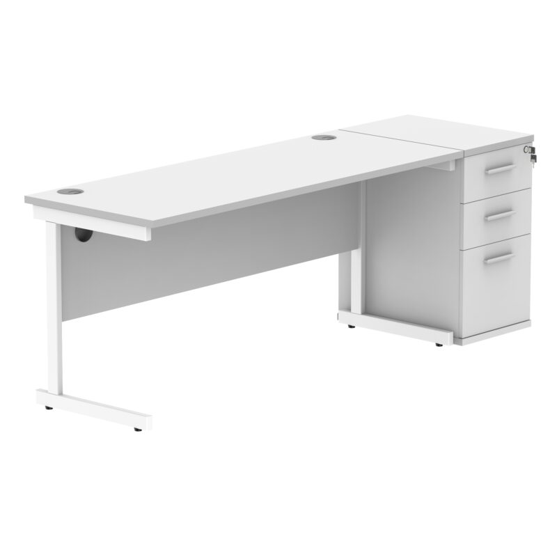 Single Upright Rectangular Desk + Desk High Pedestal | 1600 X 600 | Arctic White/White