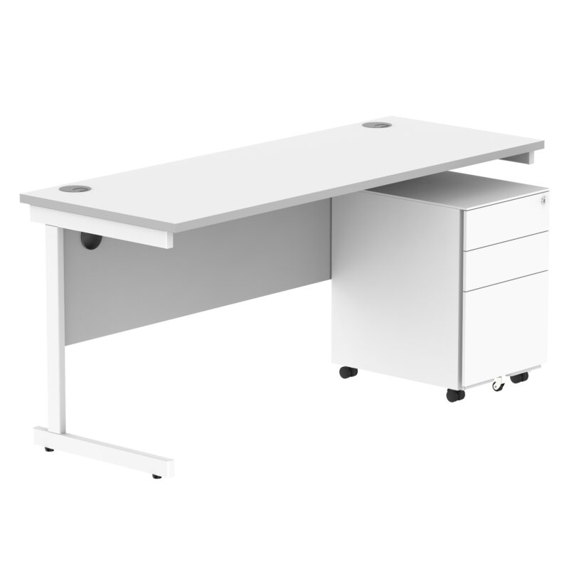 CORE Single Upright Rectangular Desk + Under Desk Steel Pedestal 3 Drawers | 1600 X 600 | Arctic White/White