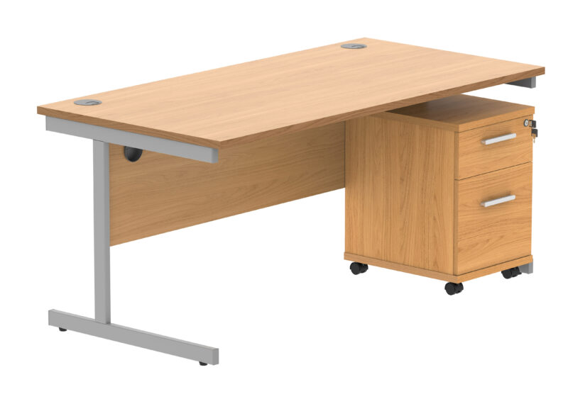 Single Upright Rectangular Desk + 2 Drawer Mobile Under Desk Pedestal | 1600 X 800 | Norwegian Beech/Silver