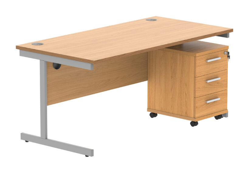 Single Upright Rectangular Desk + 3 Drawer Mobile Under Desk Pedestal | 1600 X 800 | Norwegian Beech/Silver