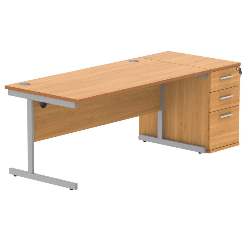 Single Upright Rectangular Desk + Desk High Pedestal | 1600 X 800 | Norwegian Beech/Silver