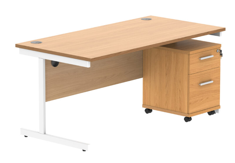 Single Upright Rectangular Desk + 2 Drawer Mobile Under Desk Pedestal | 1600 X 800 | Norwegian Beech/White