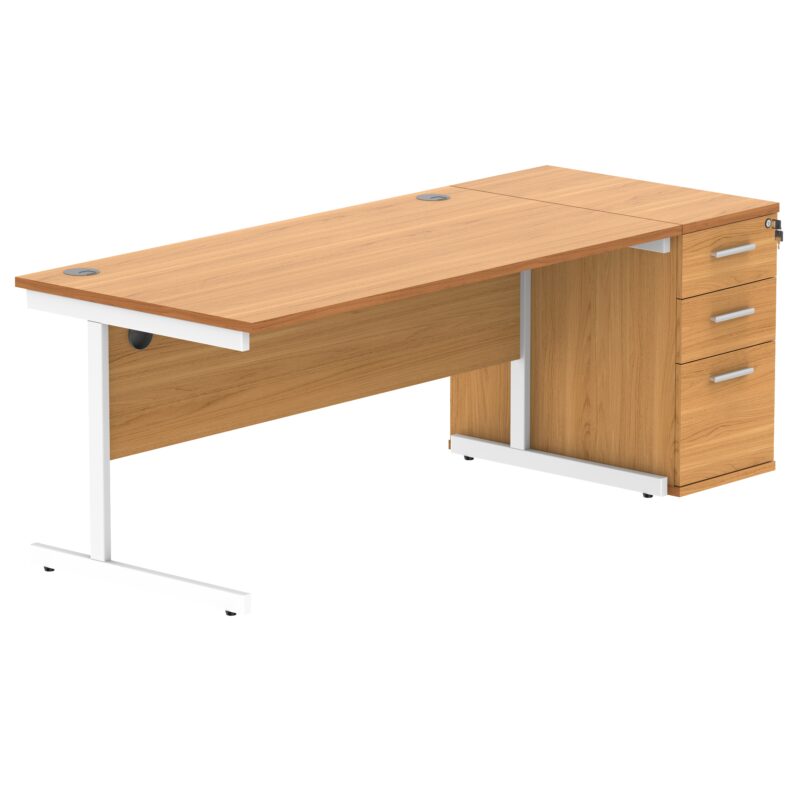 Single Upright Rectangular Desk + Desk High Pedestal | 1600 X 800 | Norwegian Beech/White