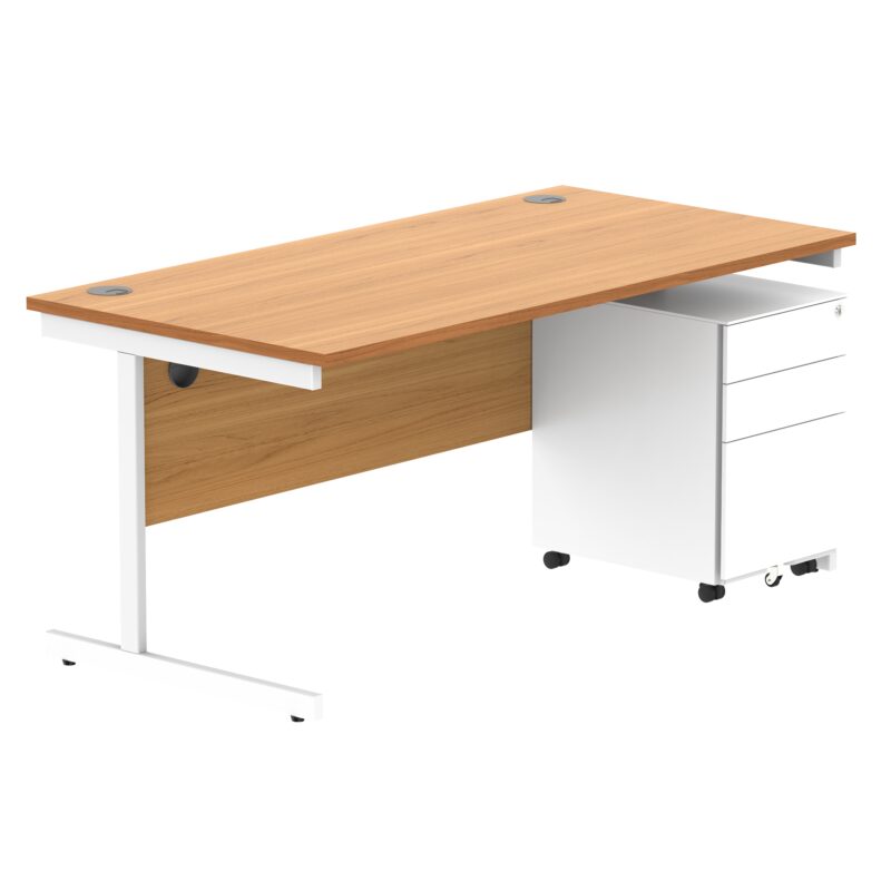 CORE Single Upright Rectangular Desk + Under Desk Steel Pedestal 3 Drawers | 1600 X 800 | Norwegian Beech/White