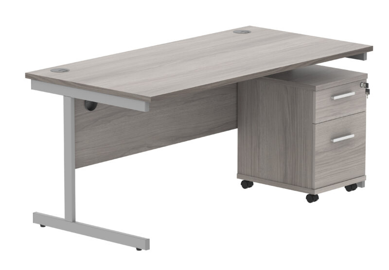 Single Upright Rectangular Desk + 2 Drawer Mobile Under Desk Pedestal | 1600 X 800 | Alaskan Grey Oak/Silver