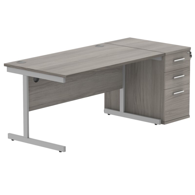 Single Upright Rectangular Desk + Desk High Pedestal | 1600 X 800 | Alaskan Grey Oak/Silver