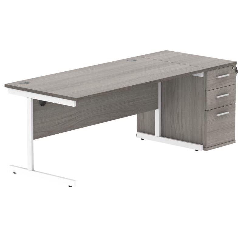 Single Upright Rectangular Desk + Desk High Pedestal | 1600 X 800 | Alaskan Grey Oak/White