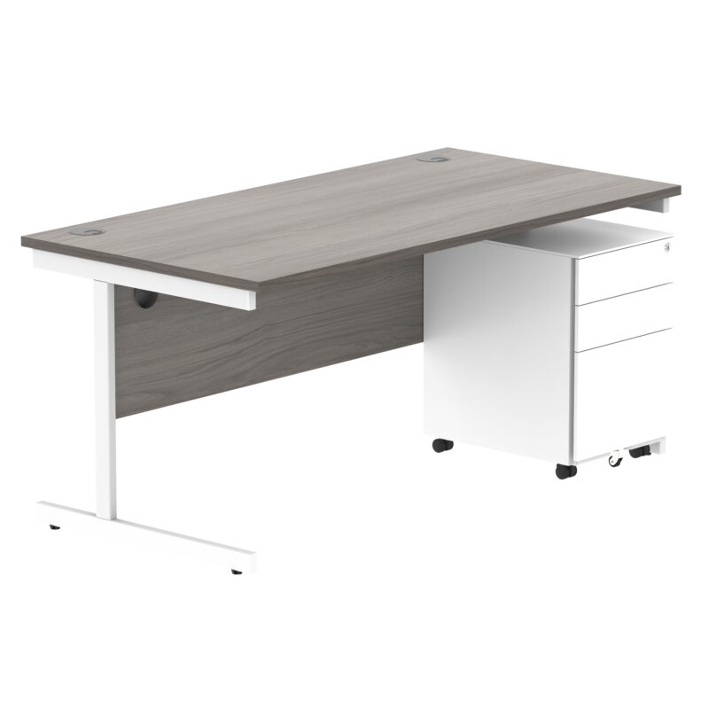 CORE Single Upright Rectangular Desk + Under Desk Steel Pedestal 3 Drawers | 1600 X 800 | Alaskan Grey Oak/White