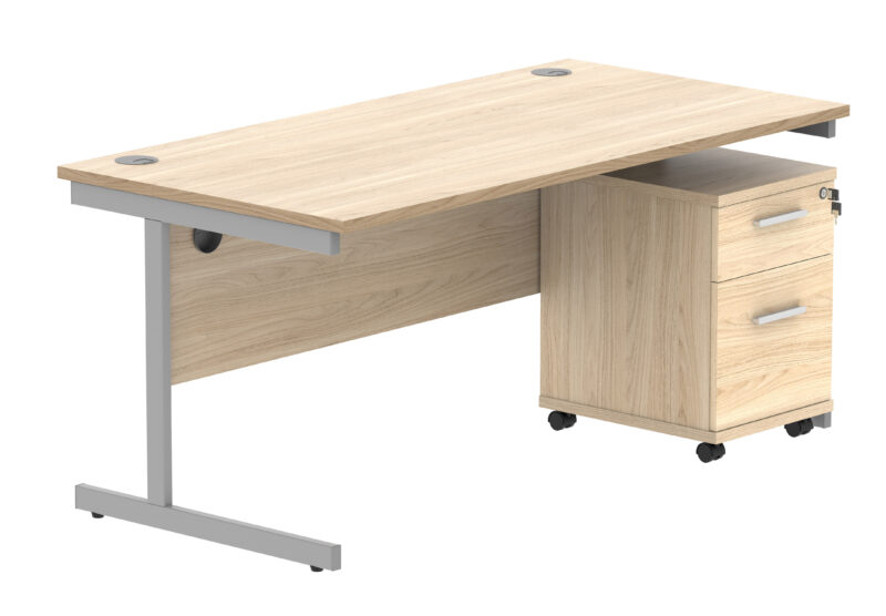 Single Upright Rectangular Desk + 2 Drawer Mobile Under Desk Pedestal | 1600 X 800 | Canadian Oak/Silver