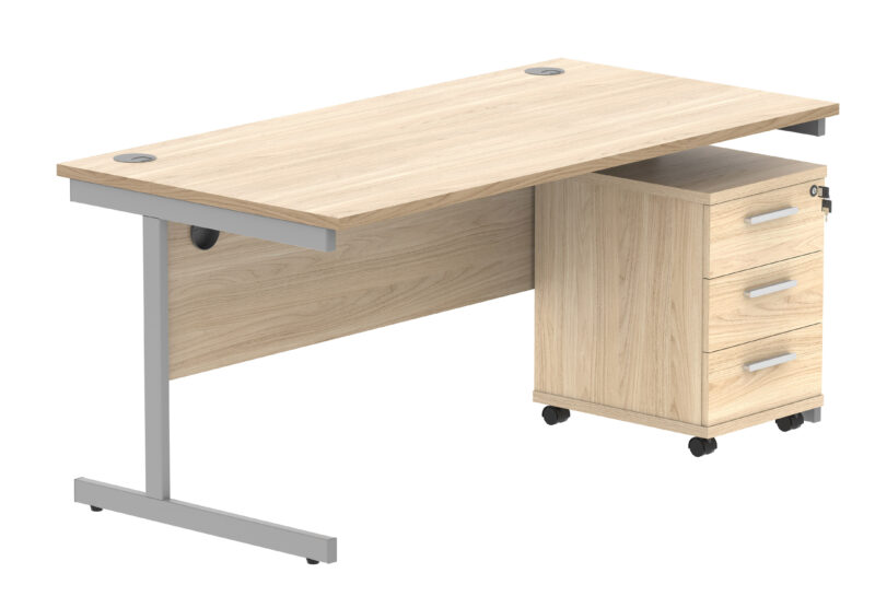 Single Upright Rectangular Desk + 3 Drawer Mobile Under Desk Pedestal | 1600 X 800 | Canadian Oak/Silver