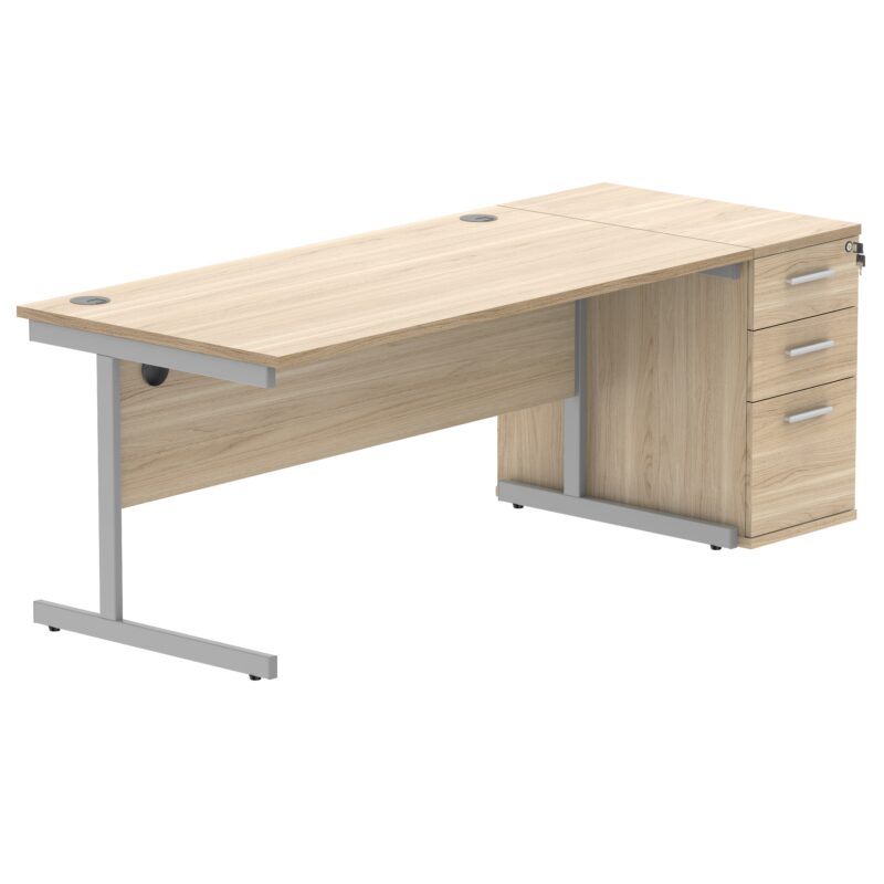 Single Upright Rectangular Desk + Desk High Pedestal | 1600 X 800 | Canadian Oak/Silver