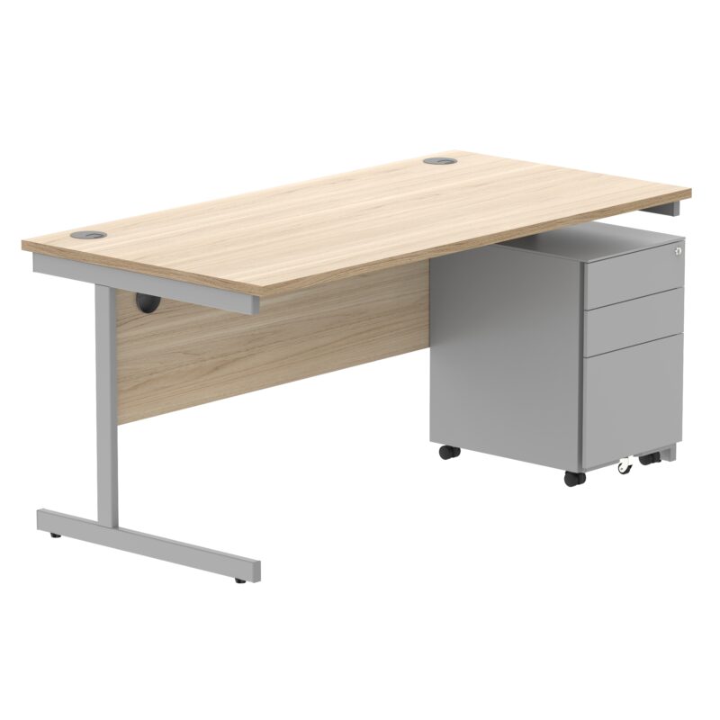 CORE Single Upright Rectangular Desk + Under Desk Steel Pedestal 3 Drawers | 1600 X 800 | Canadian Oak/Silver