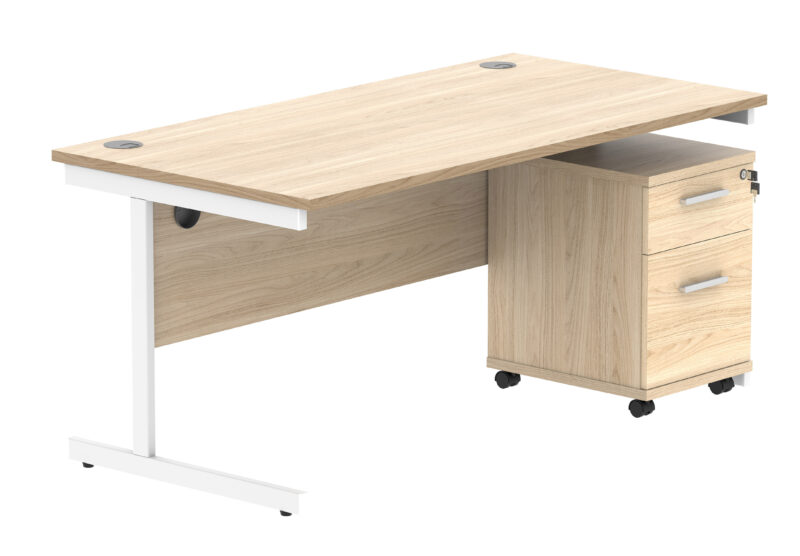 Single Upright Rectangular Desk + 2 Drawer Mobile Under Desk Pedestal | 1600 X 800 | Canadian Oak/White