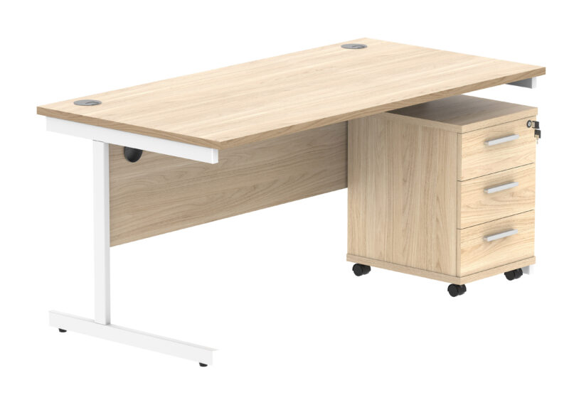 Single Upright Rectangular Desk + 3 Drawer Mobile Under Desk Pedestal | 1600 X 800 | Canadian Oak/White