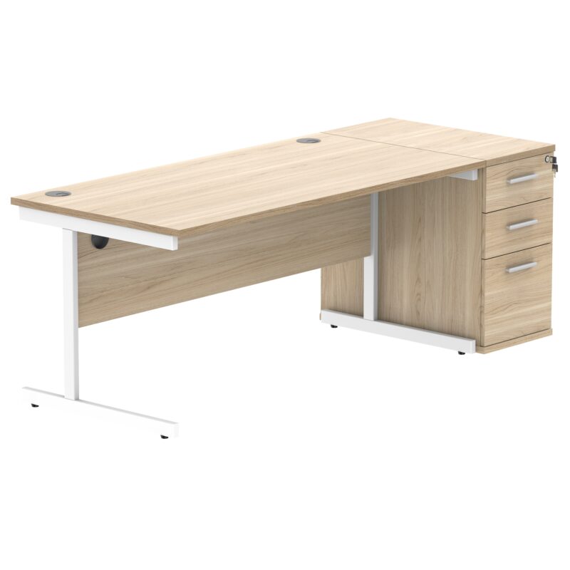 Single Upright Rectangular Desk + Desk High Pedestal | 1600 X 800 | Canadian Oak/White