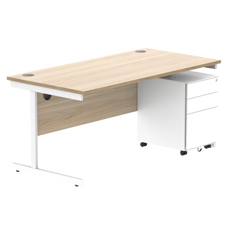 CORE Single Upright Rectangular Desk + Under Desk Steel Pedestal 3 Drawers | 1600 X 800 | Canadian Oak/White